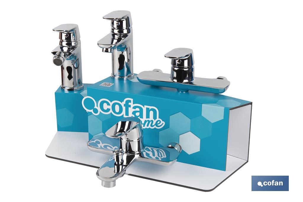 Kit of bathroom fittings with display rack for Rift Model mixer taps | Ideal for displaying taps | Suitable for 5 pieces - Cofan