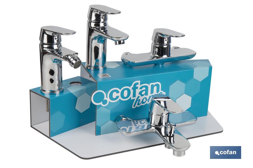 Kit of bathroom fittings with display rack for Rift Model mixer taps | Ideal for displaying taps | Suitable for 5 pieces - Cofan