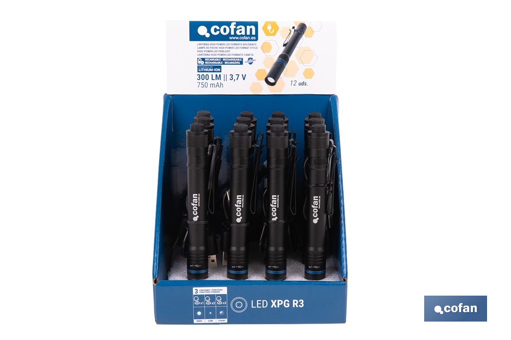 Expositor de linternas LED formato bolígrafo recargables mediante USB-C | Incluye 12 unidades - Cofan