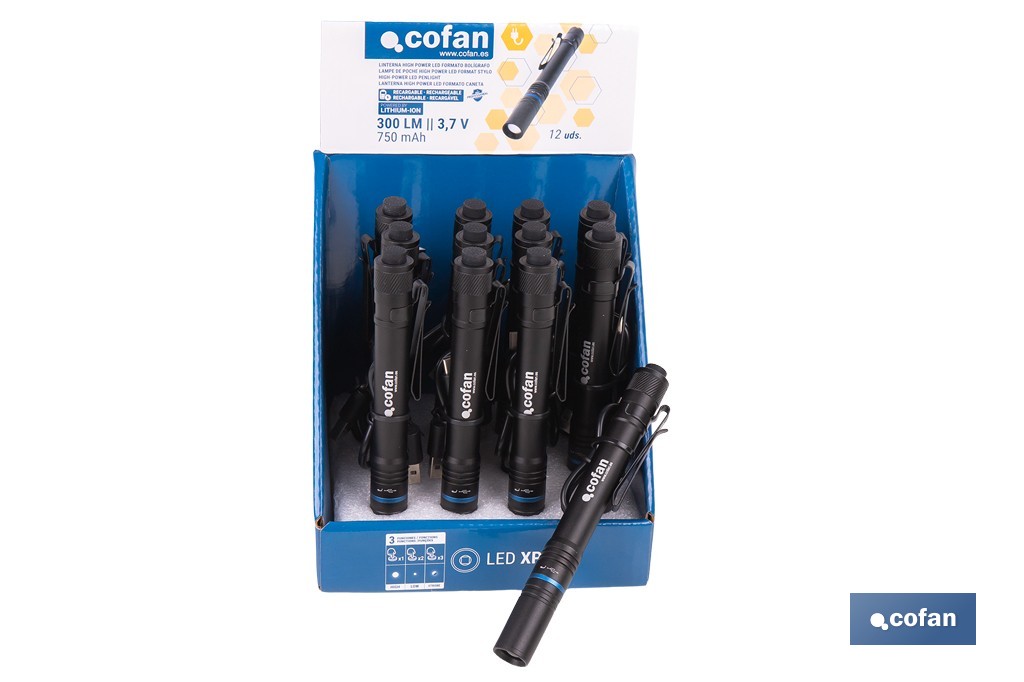 Expositor de linternas LED formato bolígrafo recargables mediante USB-C | Incluye 12 unidades - Cofan