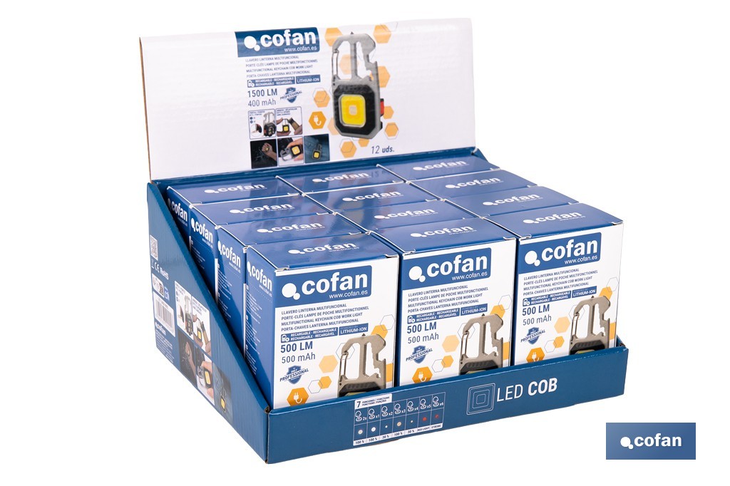 Expositor de linternas llavero multifunción LED COB 500 lm recargables | Incluye 12 unidades - Cofan