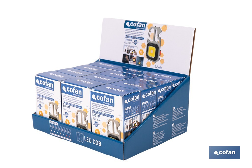 Expositor de linternas llavero multifunción LED COB 500 lm recargables | Incluye 12 unidades - Cofan