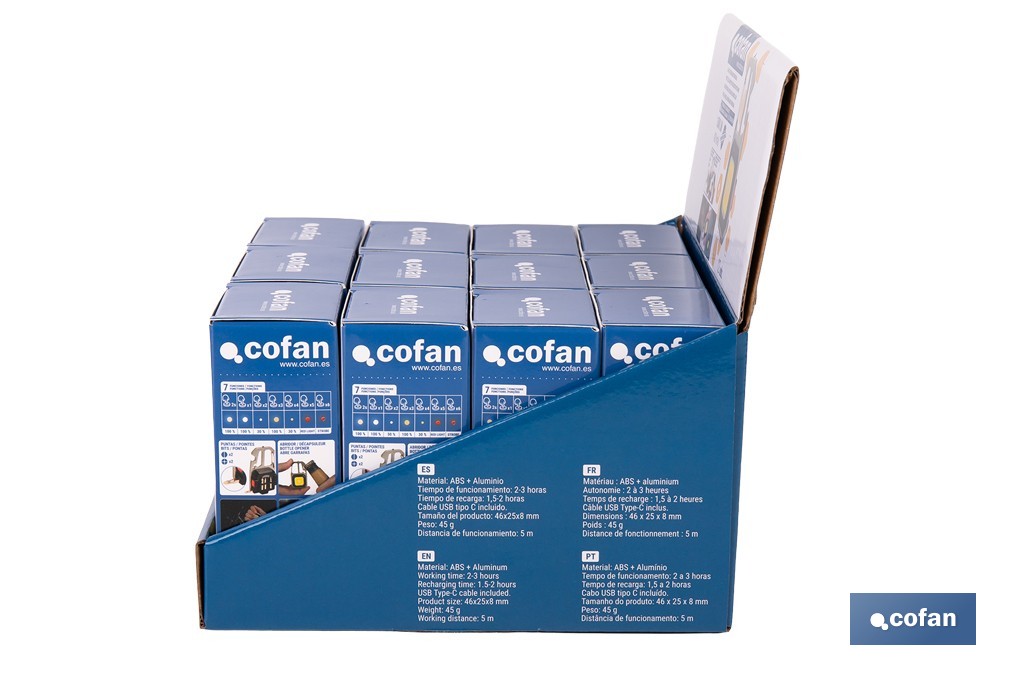 Expositor de linternas llavero multifunción LED COB 500 lm recargables | Incluye 12 unidades - Cofan