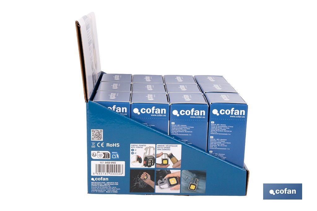 Expositor de linternas llavero multifunción LED COB 500 lm recargables | Incluye 12 unidades - Cofan