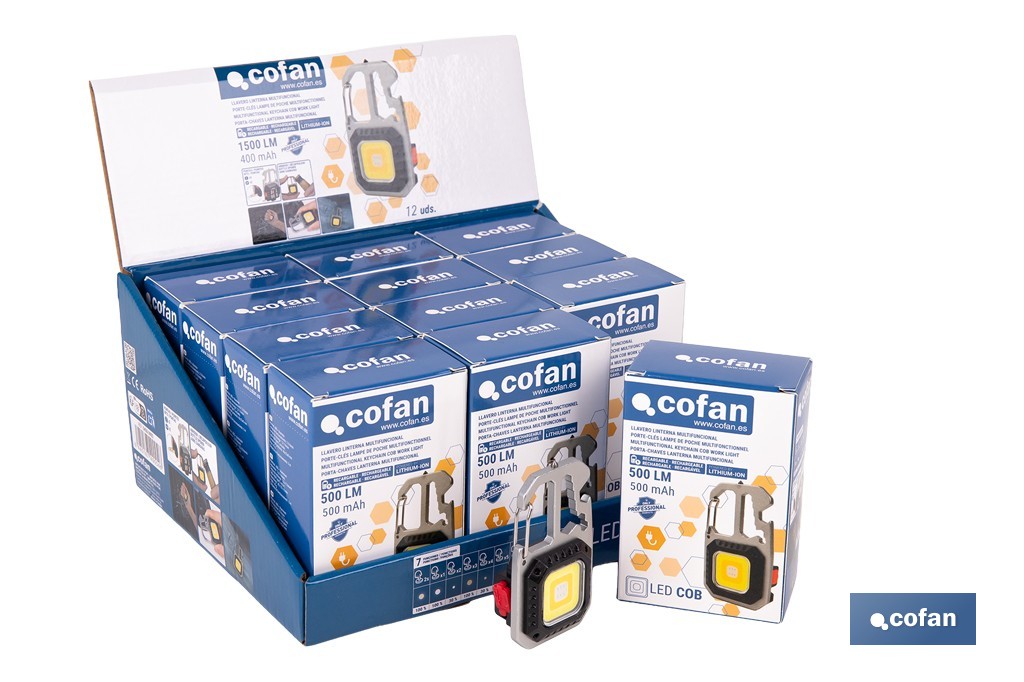 Expositor de linternas llavero multifunción LED COB 500 lm recargables | Incluye 12 unidades - Cofan