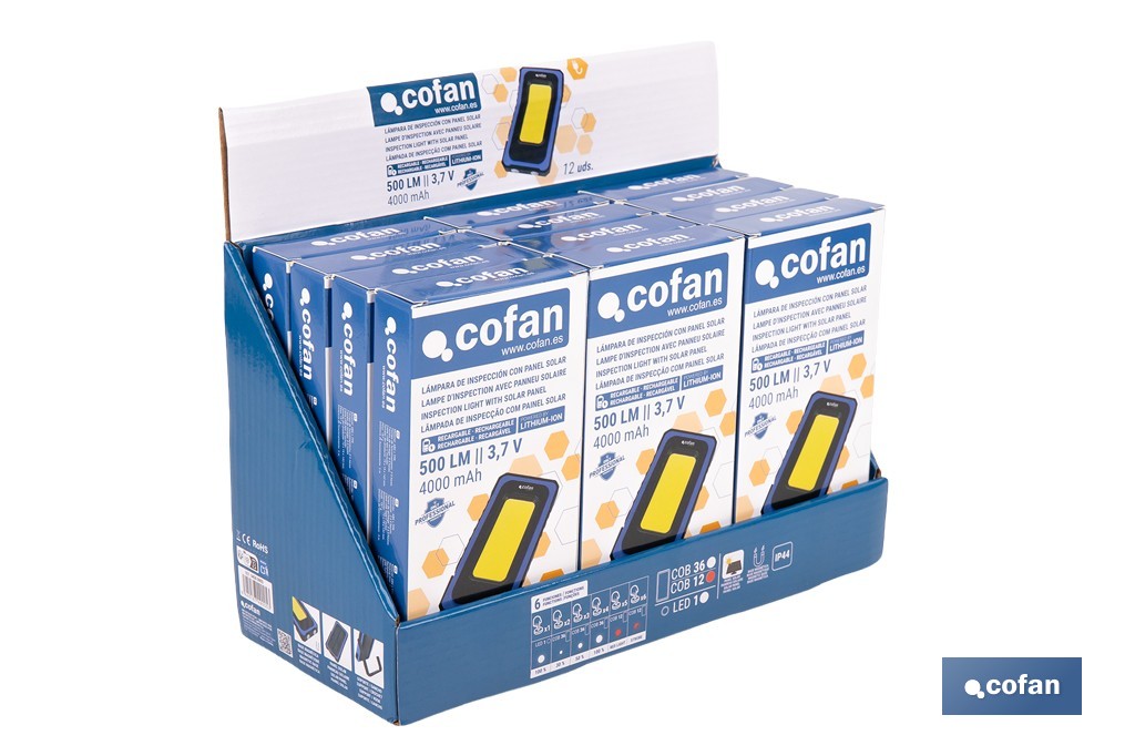 Expositor de lámparas de inspección COB LED recargables con panel solar | Incluye 12 unidades - Cofan