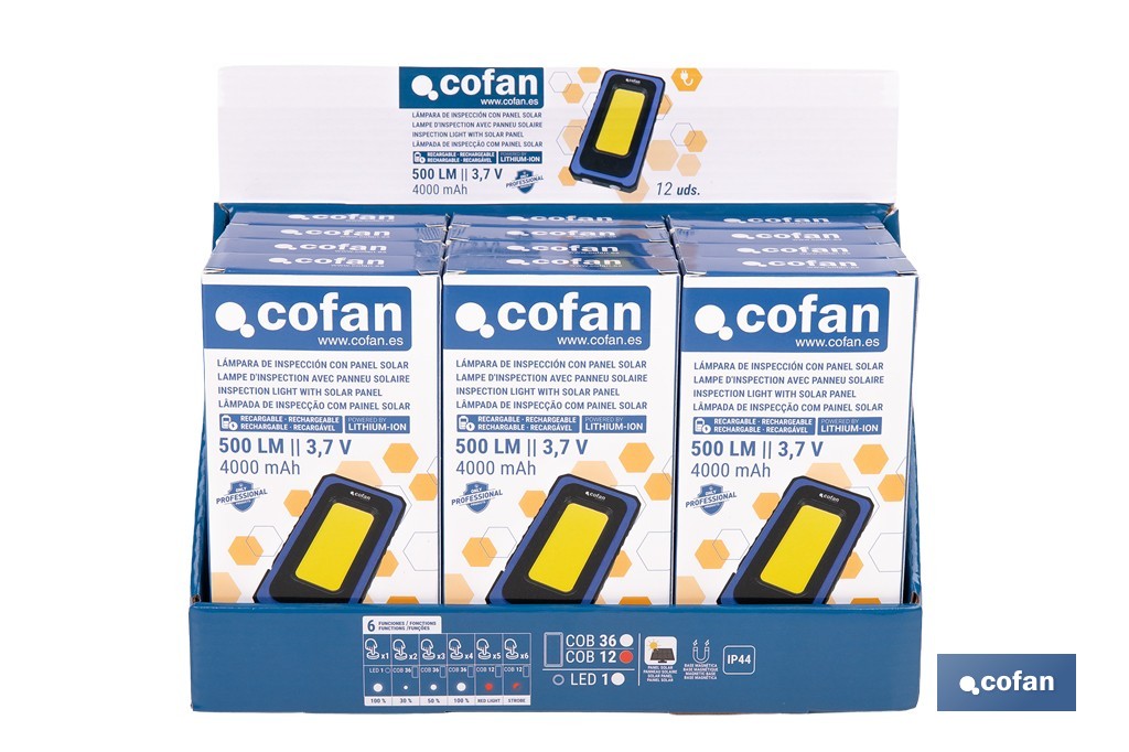 Expositor de lámparas de inspección COB LED recargables con panel solar | Incluye 12 unidades - Cofan