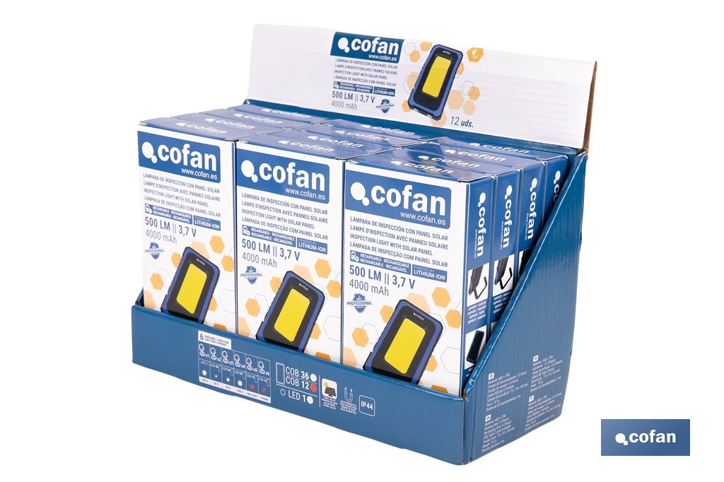Expositor de lámparas de inspección COB LED recargables con panel solar | Incluye 12 unidades - Cofan