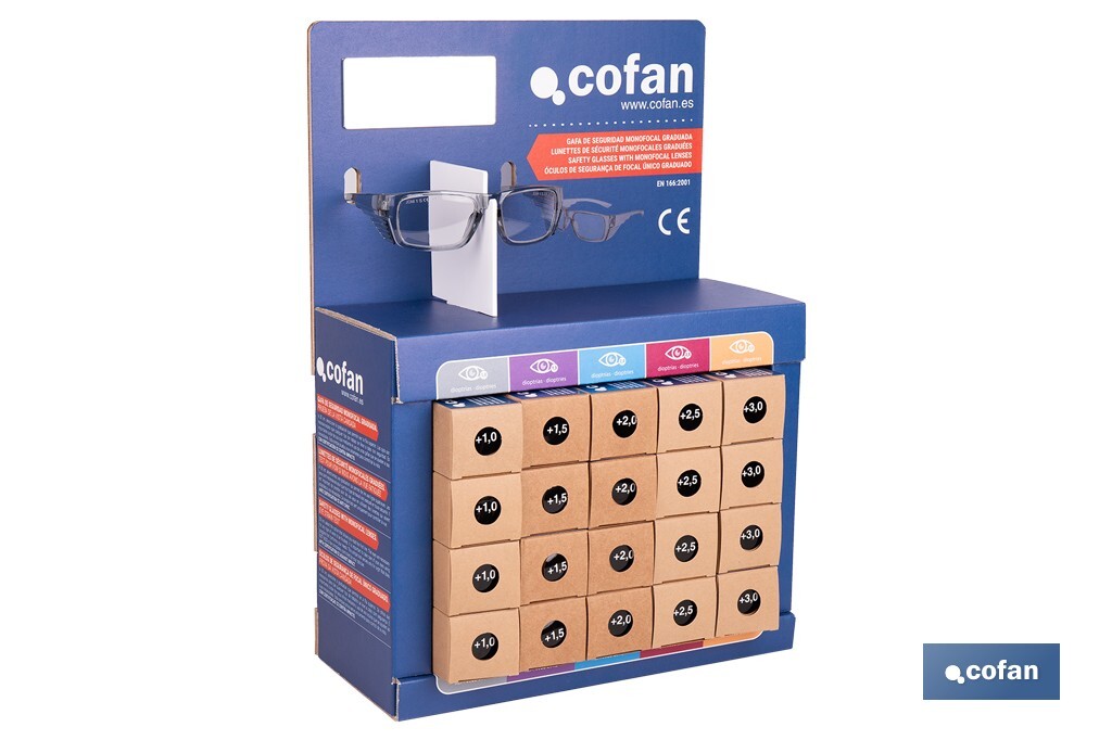Expositor de gafas de seguridad | 20 gafas graduadas con diferentes dioptrías | Incluye 5 modelos | Medidas: 15 x 33 x 47 cm - Cofan