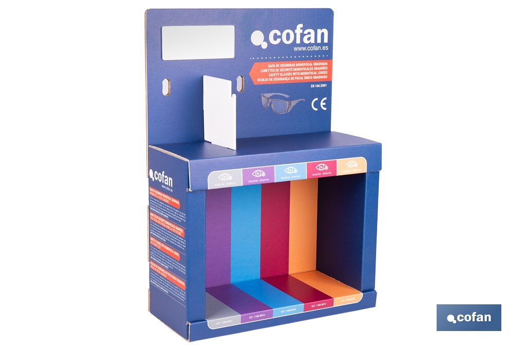 Expositor de gafas de seguridad | 20 gafas graduadas con diferentes dioptrías | Incluye 5 modelos | Medidas: 15 x 33 x 47 cm - Cofan