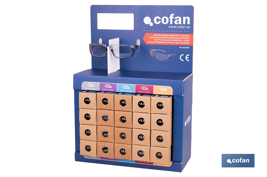 Expositor de gafas de seguridad | 20 gafas graduadas con diferentes dioptrías | Incluye 5 modelos | Medidas: 15 x 33 x 47 cm - Cofan