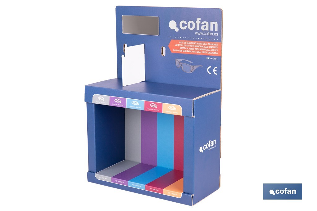 Expositor de gafas de seguridad | 20 gafas graduadas con diferentes dioptrías | Incluye 5 modelos | Medidas: 15 x 33 x 47 cm - Cofan
