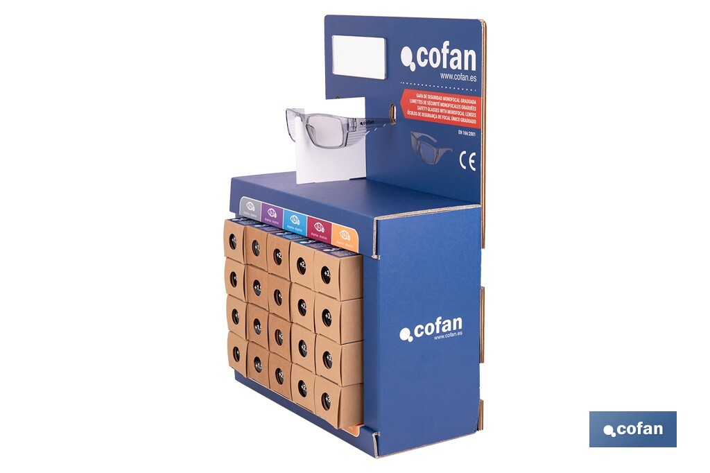Expositor de gafas de seguridad | 20 gafas graduadas con diferentes dioptrías | Incluye 5 modelos | Medidas: 15 x 33 x 47 cm - Cofan