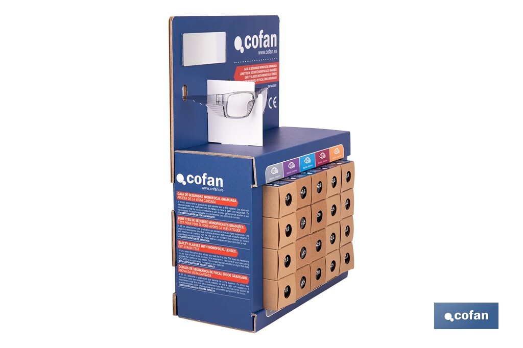 Expositor de gafas de seguridad | 20 gafas graduadas con diferentes dioptrías | Incluye 5 modelos | Medidas: 15 x 33 x 47 cm - Cofan