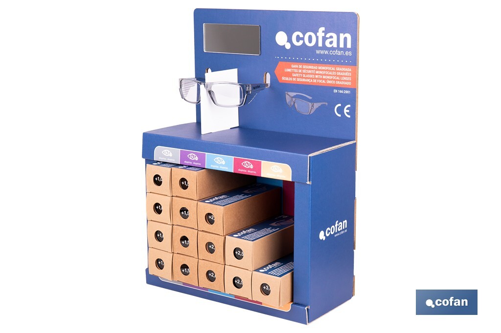 Expositor de gafas de seguridad | 20 gafas graduadas con diferentes dioptrías | Incluye 5 modelos | Medidas: 15 x 33 x 47 cm - Cofan