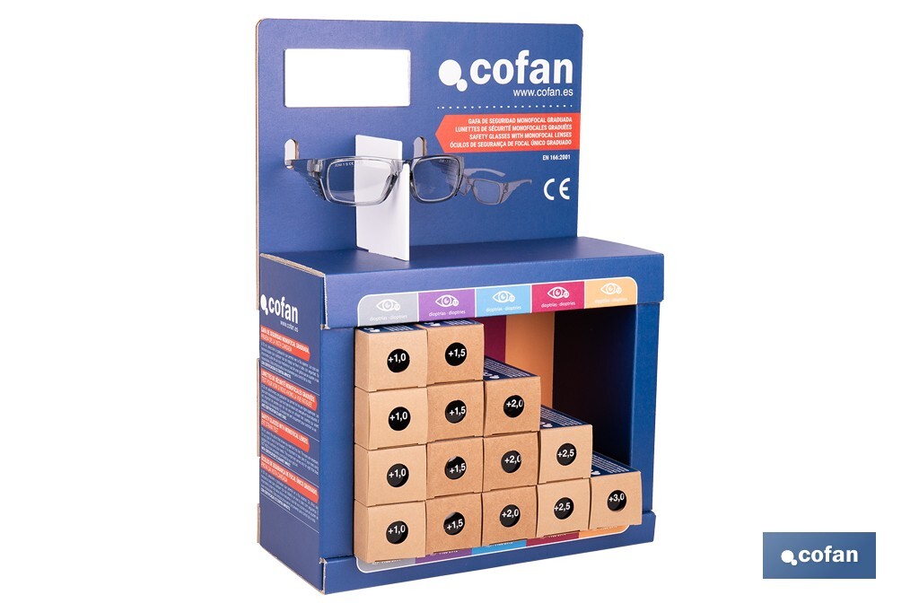 Expositor de gafas de seguridad | 20 gafas graduadas con diferentes dioptrías | Incluye 5 modelos | Medidas: 15 x 33 x 47 cm - Cofan