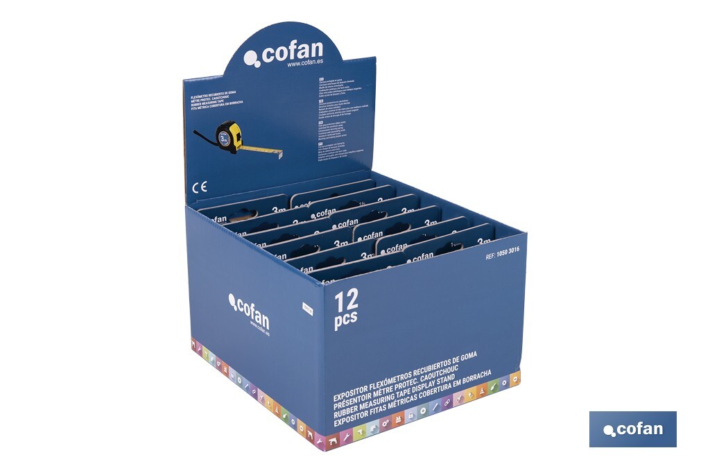 Expositor para flexómetros con protección de goma de Cofan | Incluyen los flexómetros | Varias medidas y capacidades - Cofan