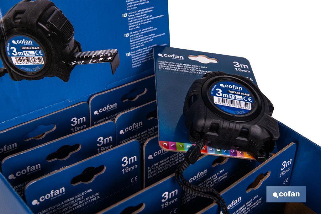 Expositor para flexómetros con hoja de nylon negra y doble cara de Cofan | Incluyen los flexómetros | Varias medidas y capacidades - Cofan