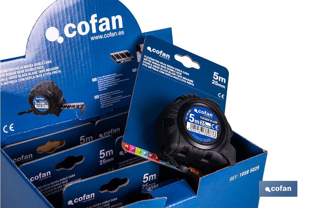 Expositor para flexómetros con hoja de nylon negra y doble cara de Cofan | Incluyen los flexómetros | Varias medidas y capacidades - Cofan