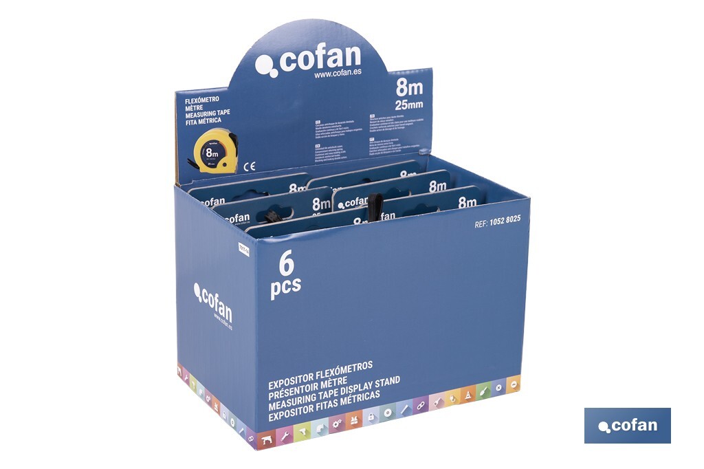 Expositores de flexómetros con bloqueo de hoja Cofan | Flexómetros incluidos | Disponible en diferentes medidas y capacidades - Cofan