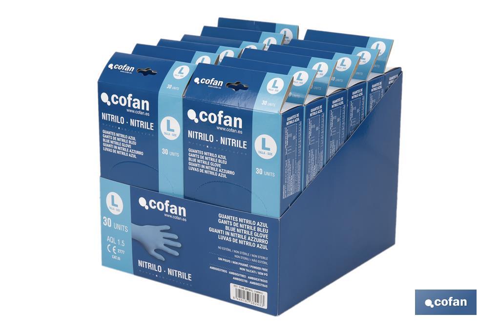 Caixa expositora com caixas de luvas de nitrilo sem pó | Expositor com 12 caixas de 30 unidades | Disponível em três tamanhos diferentes - Cofan