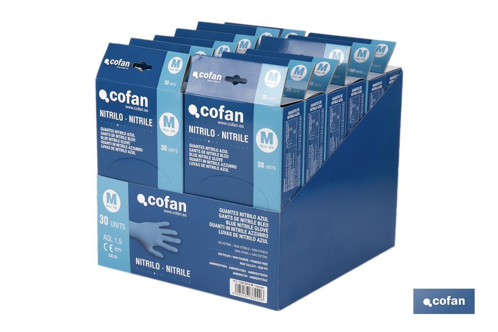 Caixa expositora com caixas de luvas de nitrilo sem pó | Expositor com 12 caixas de 30 unidades | Disponível em três tamanhos diferentes - Cofan