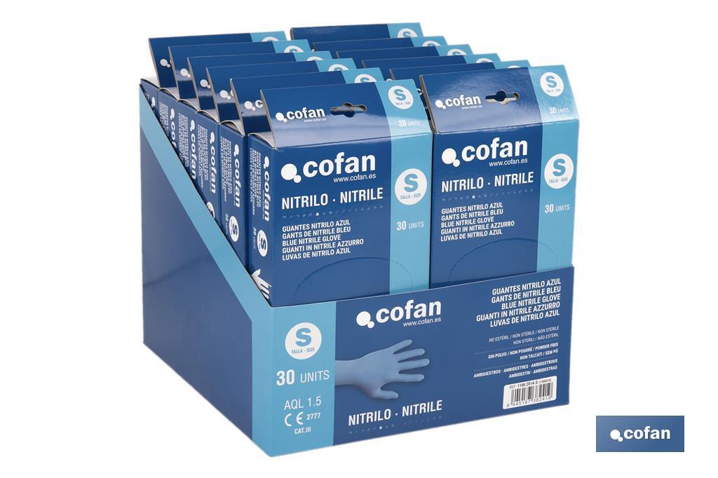 Expositor de cajas dispensadoras de guantes de nitrilo sin polvo | Expositor con 12 cajas de 30 unidades | Tres tallas diferentes - Cofan