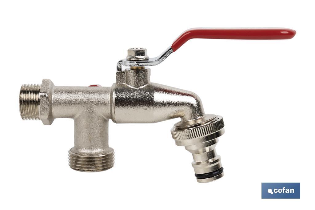Double outlet garden tap with lever | Size: 1/2" x 3/4" x 3/4" | Suitable for garden hose | PN: 25 bar - Cofan
