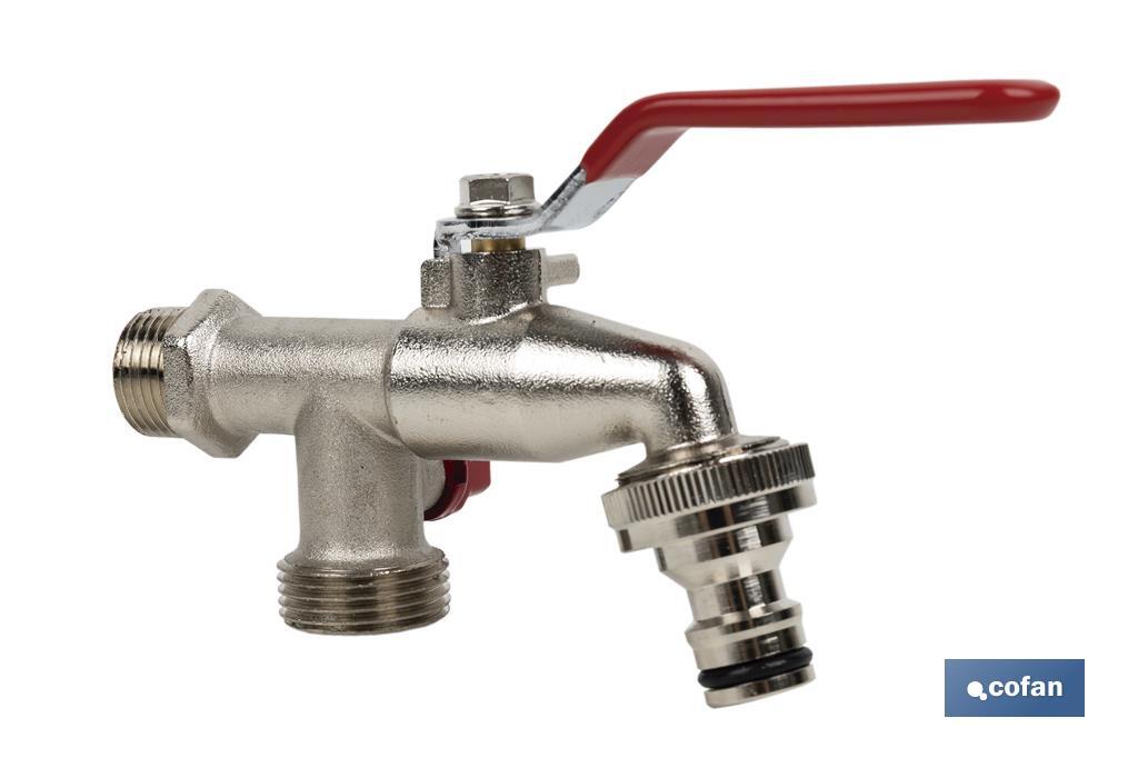 Double outlet garden tap with lever | Size: 1/2" x 3/4" x 3/4" | Suitable for garden hose | PN: 25 bar - Cofan