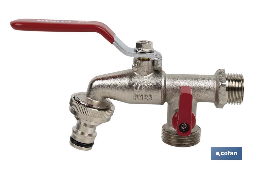 Double outlet garden tap with lever | Size: 1/2" x 3/4" x 3/4" | Suitable for garden hose | PN: 25 bar - Cofan