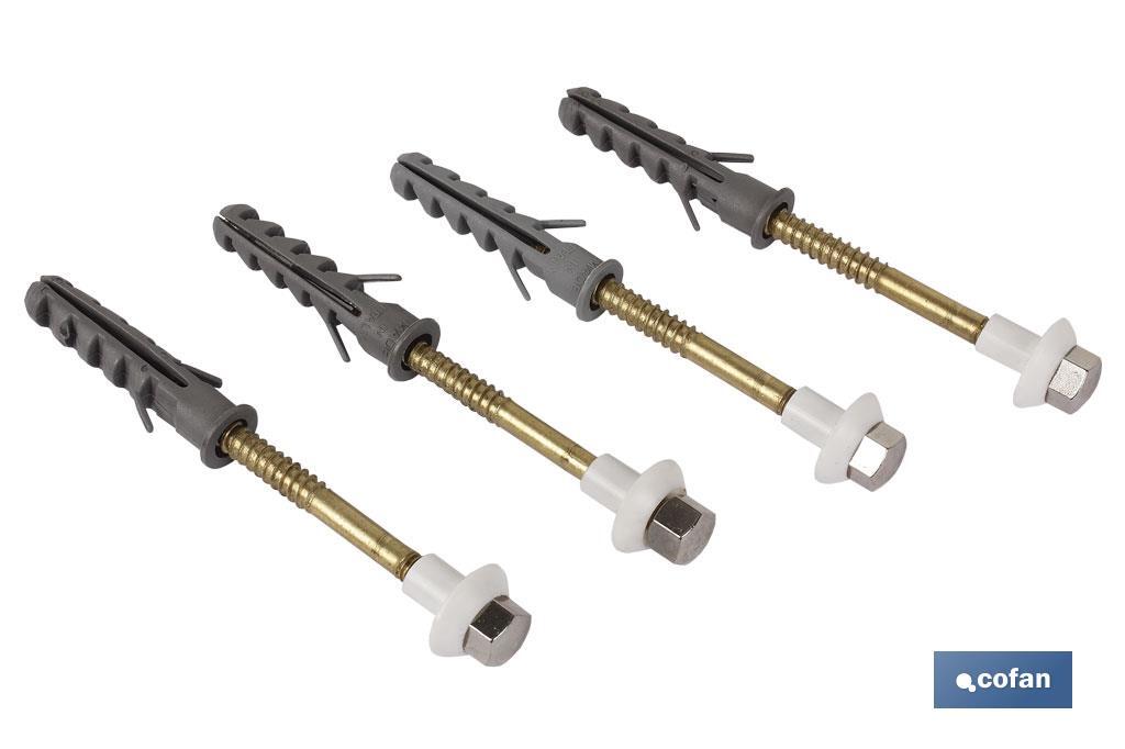 Set 4 piezas fijación para sanitarios y WC | Medida  Ø 6 x 80 mm de largo | Acabado en latón - Cofan