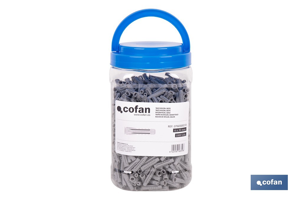 Bote de tacos de nylon multimaterial de 4 segmentos con sistema Anti-Spin | Con collarín de expansión, adecuado para cargas ligeras | Disponible en tres medidas - Cofan