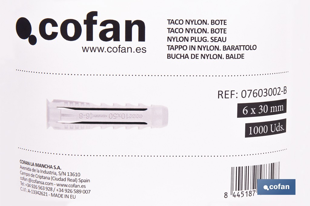 Bote de tacos de nylon multimaterial de 4 segmentos con sistema Anti-Spin | Con collarín de expansión, adecuado para cargas ligeras | Disponible en tres medidas - Cofan