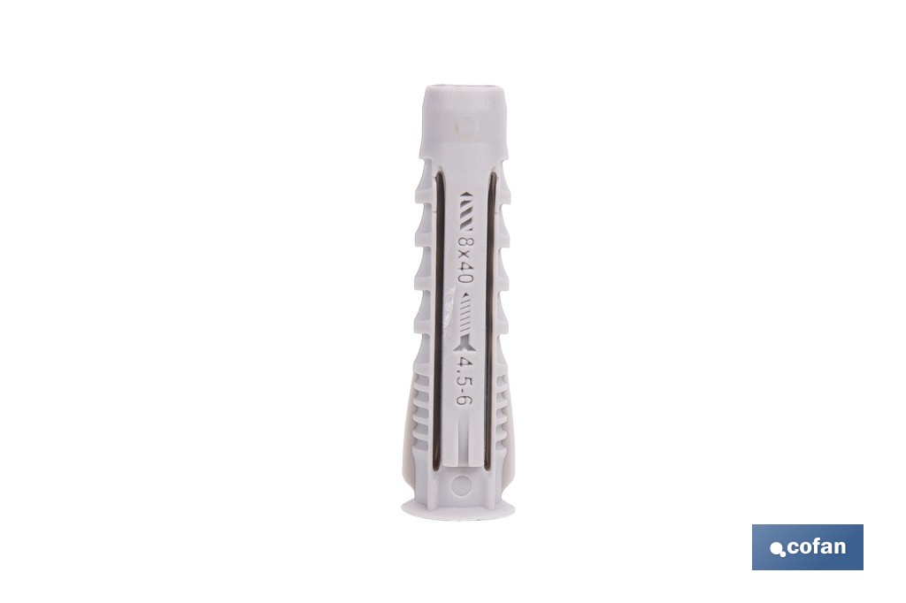 Bote de tacos de nylon multimaterial de 4 segmentos con sistema Anti-Spin | Con collarín de expansión, adecuado para cargas ligeras | Disponible en tres medidas - Cofan