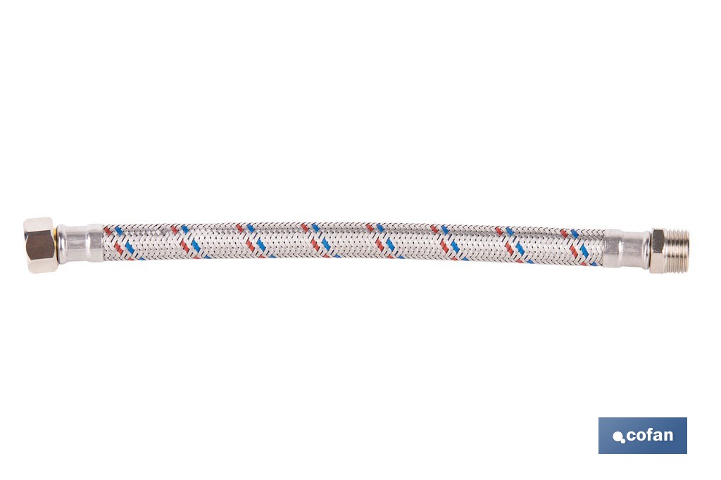 Conexión flexible con rosca macho-hembra | Conexión M1/2" x H1/2" DN13 G1/2" |  Manguera flexible de acero inoxidable | Disponible en diferentes longitudes - Cofan