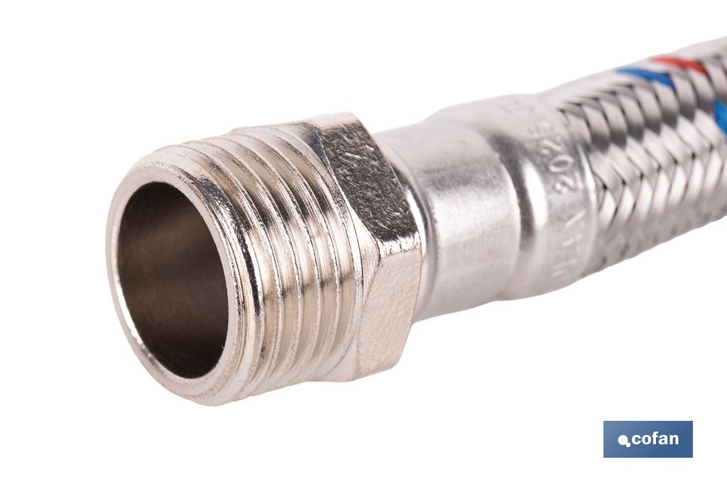 Conexión flexible con rosca macho-hembra | Conexión M1/2" x H1/2" DN13 G1/2" |  Manguera flexible de acero inoxidable | Disponible en diferentes longitudes - Cofan