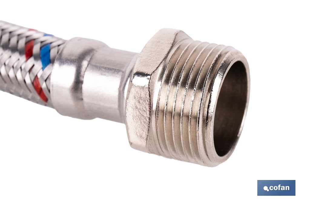 Conexión flexible con rosca macho-hembra | Conexión M1/2" x H1/2" DN13 G1/2" |  Manguera flexible de acero inoxidable | Disponible en diferentes longitudes - Cofan