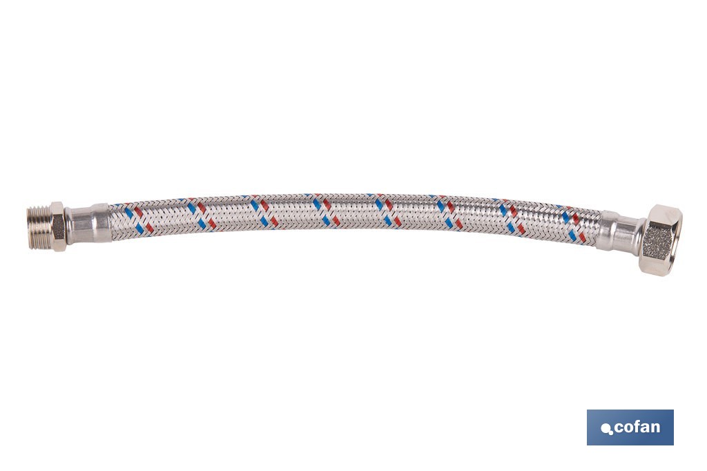 Conexión flexible con rosca macho-hembra | Conexión M1/2" x H1/2" DN13 G1/2" |  Manguera flexible de acero inoxidable | Disponible en diferentes longitudes - Cofan