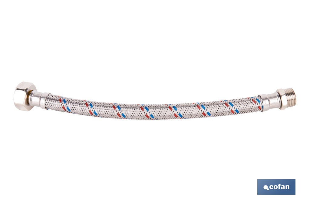 Conexión flexible con rosca macho-hembra | Conexión M1/2" x H1/2" DN13 G1/2" |  Manguera flexible de acero inoxidable | Disponible en diferentes longitudes - Cofan