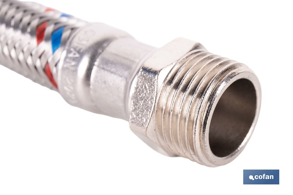 Conexión flexible con rosca macho-hembra | Conexión M1/2" x H1/2" DN13 G1/2" |  Manguera flexible de acero inoxidable | Disponible en diferentes longitudes - Cofan