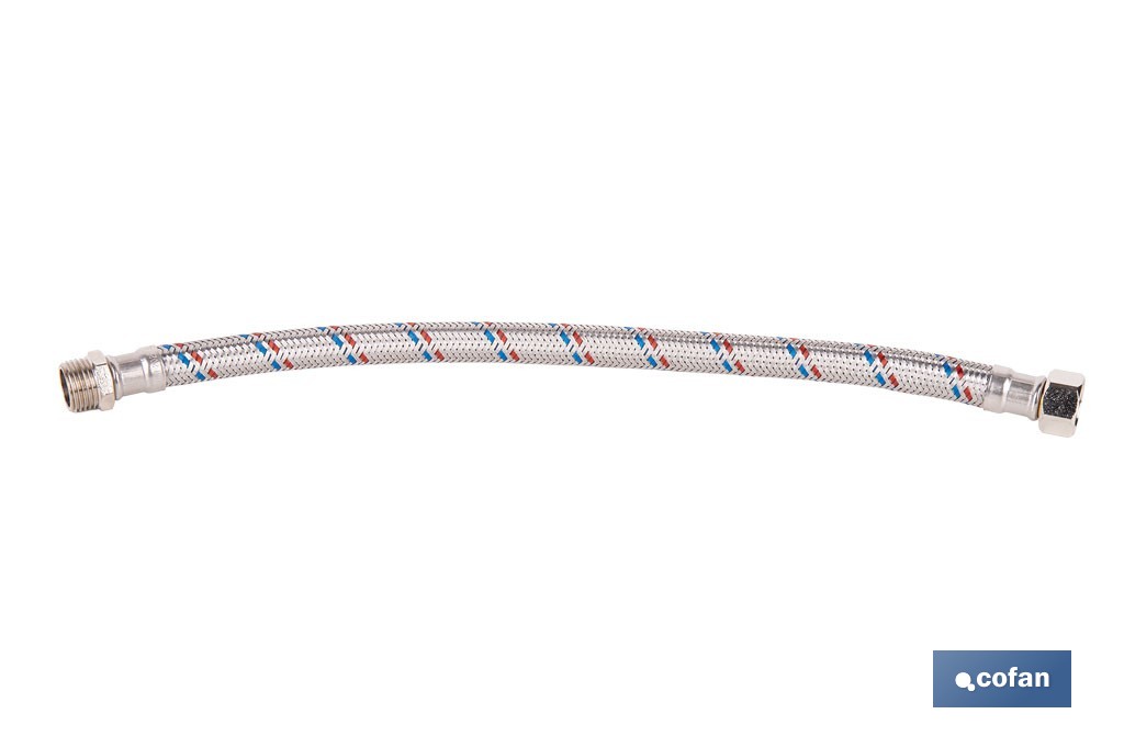 Conexión flexible con rosca macho-hembra | Conexión M1/2" x H1/2" DN13 G1/2" |  Manguera flexible de acero inoxidable | Disponible en diferentes longitudes - Cofan