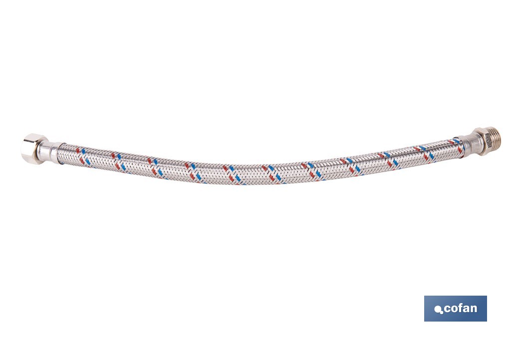 Conexión flexible con rosca macho-hembra | Conexión M1/2" x H1/2" DN13 G1/2" |  Manguera flexible de acero inoxidable | Disponible en diferentes longitudes - Cofan