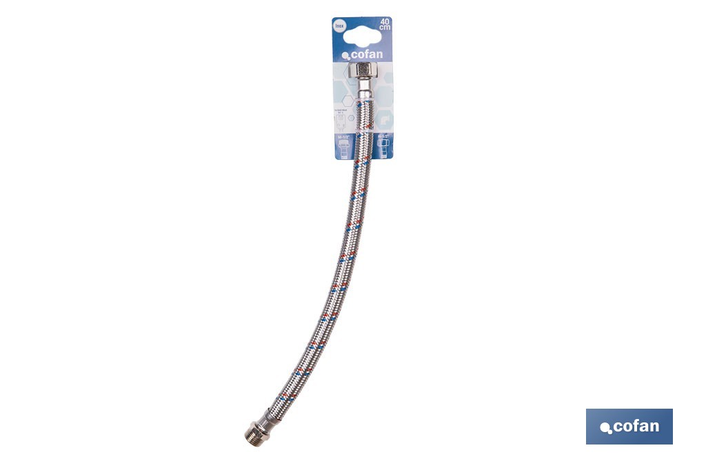 Conexión flexible con rosca macho-hembra | Conexión M1/2" x H1/2" DN13 G1/2" |  Manguera flexible de acero inoxidable | Disponible en diferentes longitudes - Cofan