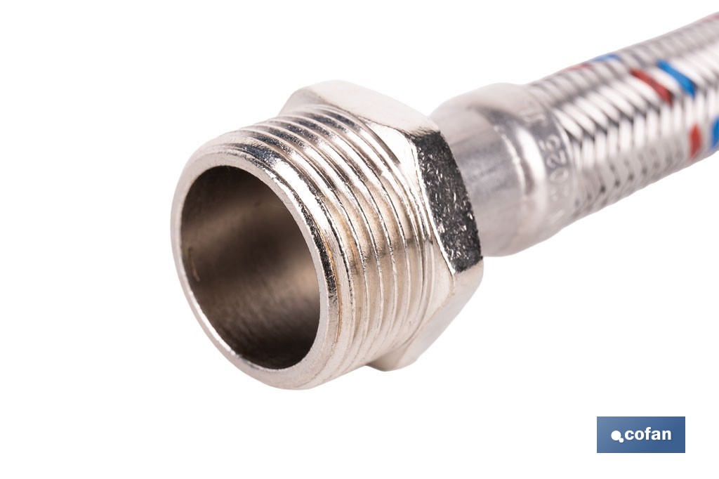 Conexión flexible con rosca macho-hembra | Conexión M1/2" x H1/2" DN13 G1/2" |  Manguera flexible de acero inoxidable | Disponible en diferentes longitudes - Cofan
