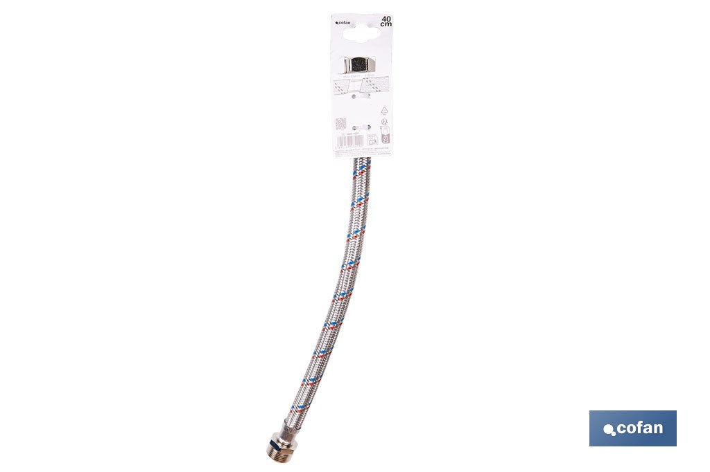 Conexión flexible con rosca macho-hembra | Conexión M1/2" x H1/2" DN13 G1/2" |  Manguera flexible de acero inoxidable | Disponible en diferentes longitudes - Cofan