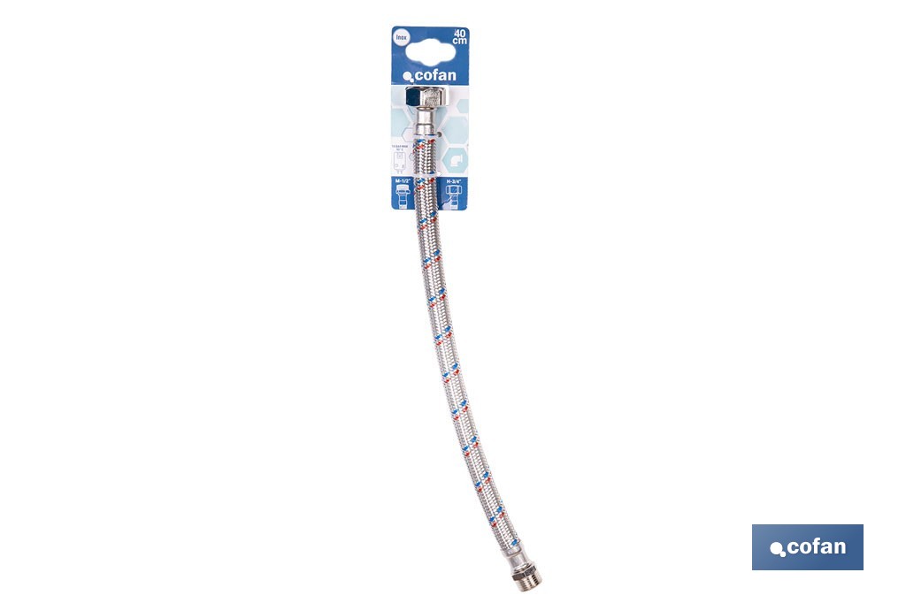Conexión flexible con rosca macho-hembra | Conexión M1/2" x H1/2" DN13 G1/2" |  Manguera flexible de acero inoxidable | Disponible en diferentes longitudes - Cofan