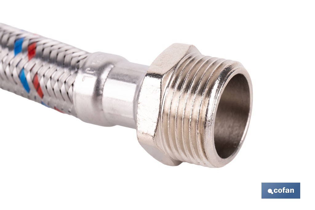 Conexión flexible con rosca macho-hembra | Conexión M1/2" x H1/2" DN13 G1/2" |  Manguera flexible de acero inoxidable | Disponible en diferentes longitudes - Cofan