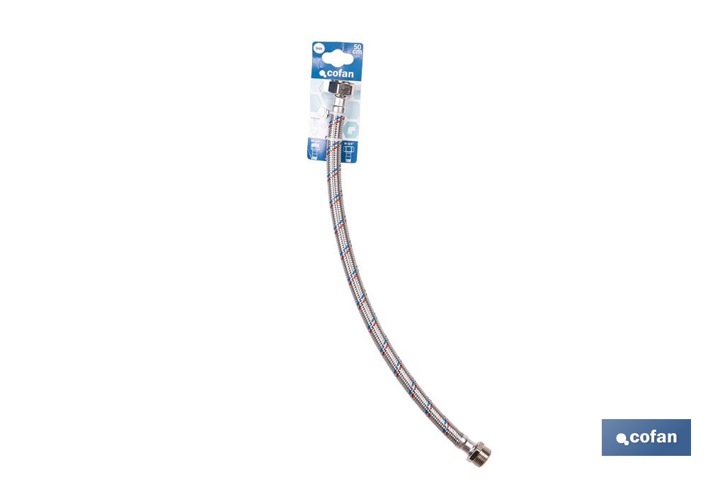 Conexión flexible con rosca macho-hembra | Conexión M1/2" x H1/2" DN13 G1/2" |  Manguera flexible de acero inoxidable | Disponible en diferentes longitudes - Cofan