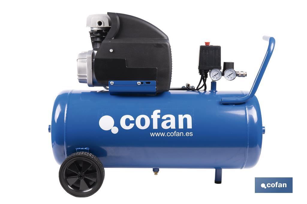 Compresor de aire de pistón coaxial | Motor de 2 HP | Compresor monofásico 230 V | Presión máxima: 8 bares | Depósito de 50 litros | Medidas: 77 x 43 x 66 cm - Cofan