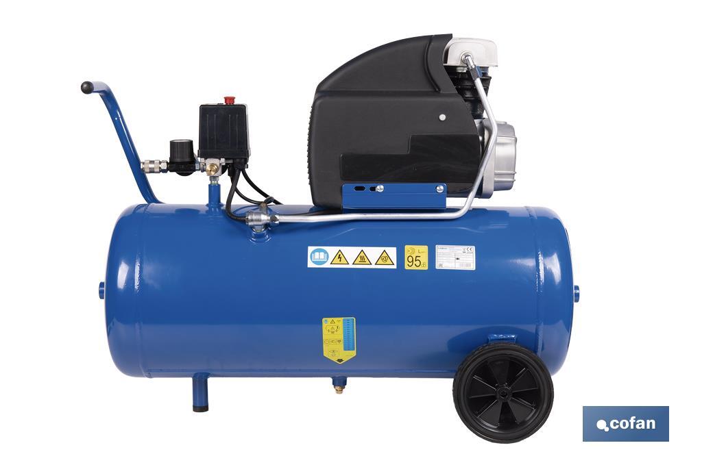 Compresor de aire de pistón coaxial | Motor de 2 HP | Compresor monofásico 230 V | Presión máxima: 8 bares | Depósito de 50 litros | Medidas: 77 x 43 x 66 cm - Cofan
